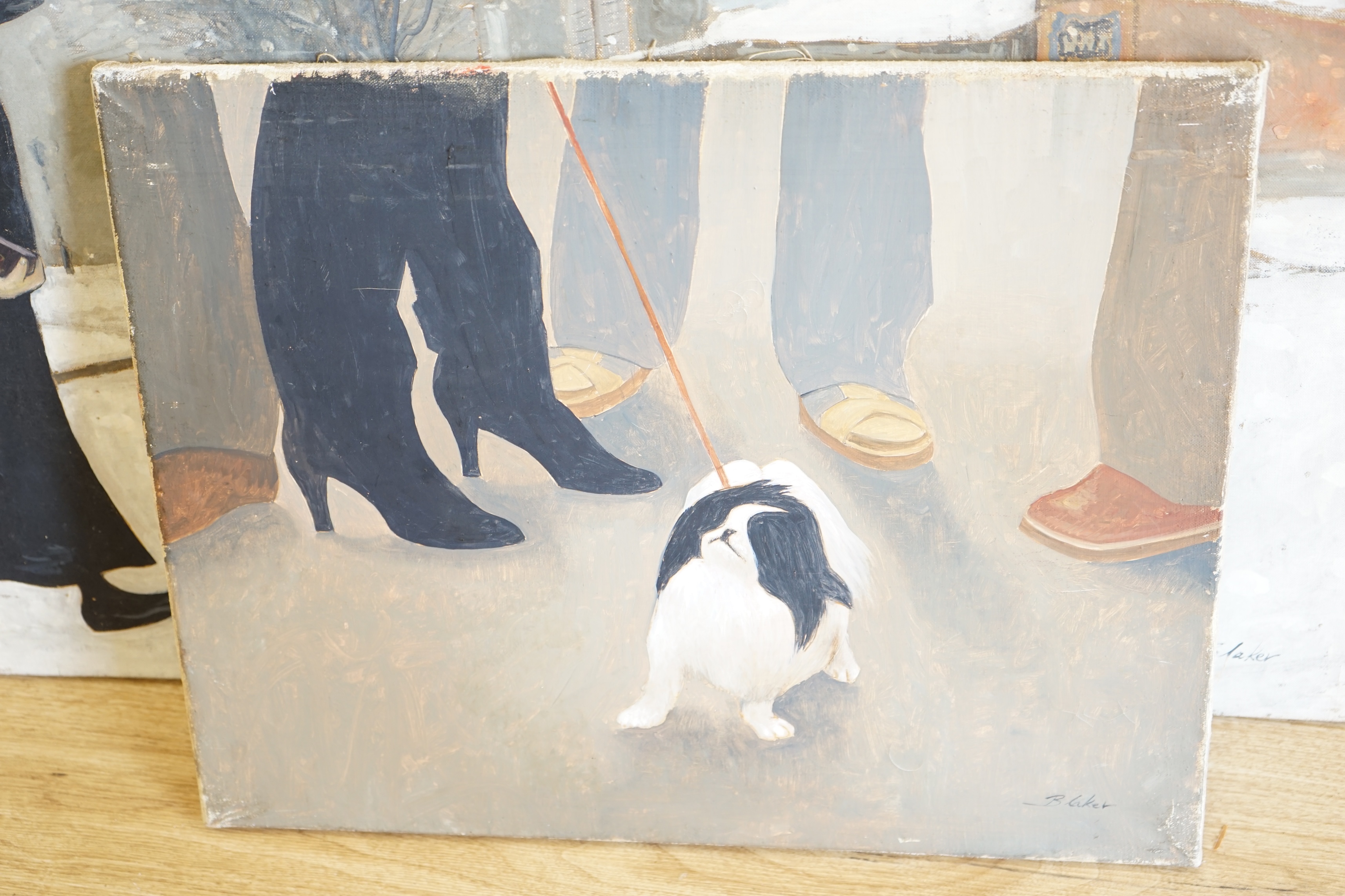 Michael John Blaker (1928-2018), two oils on canvas, Winter street scene with three figures and Study of a dog, each signed, largest 66 x 87cm, unframed. Condition - fair
